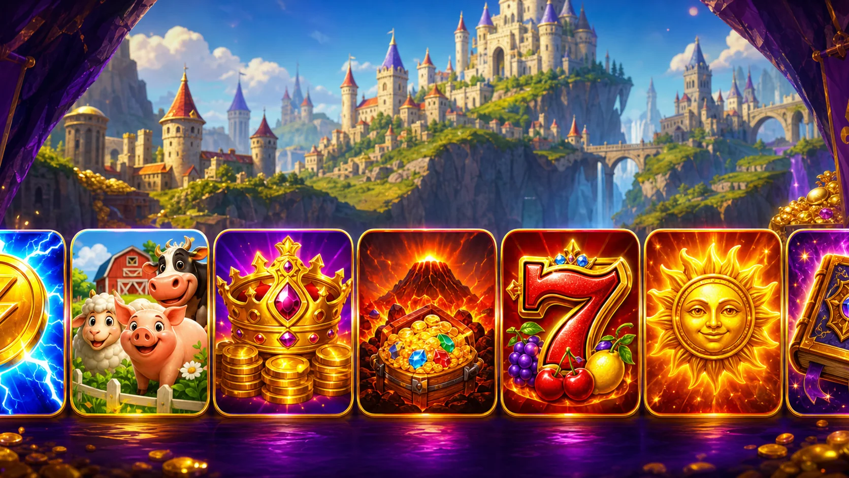 Leuchtende Fantasy-Spielgalerie mit Schloss, Goldmünzen und farbigen Slot-Motiven